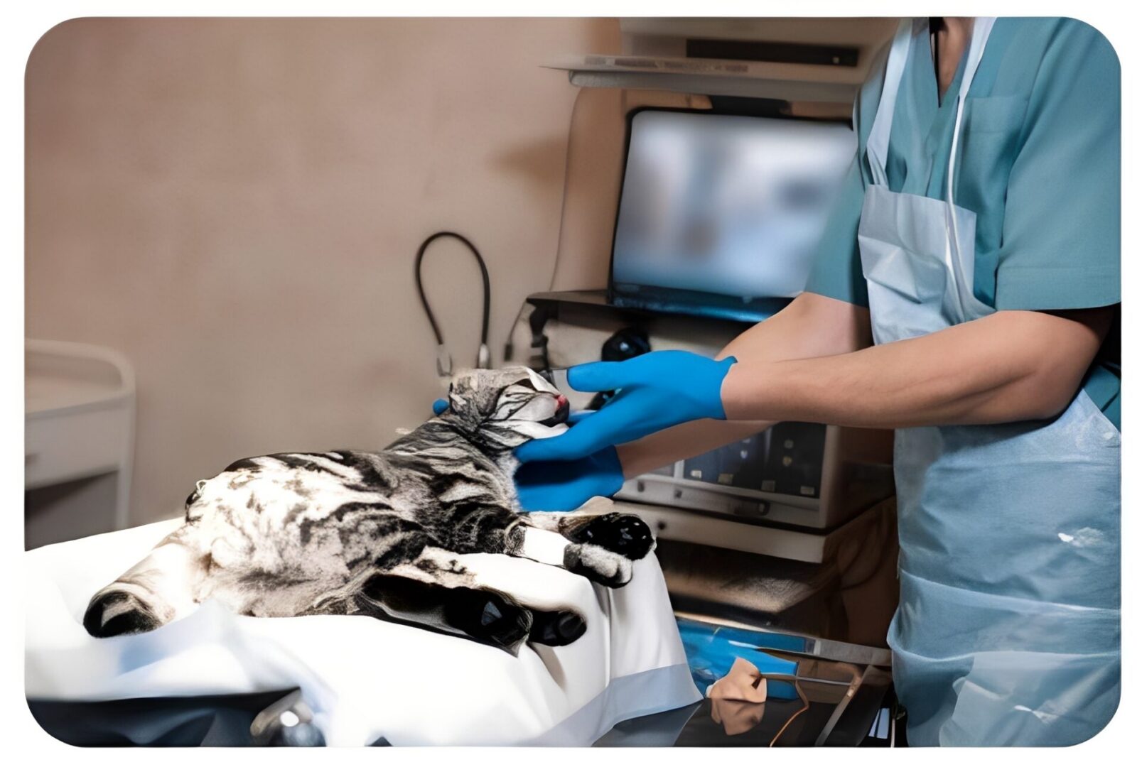 Veterinarian examining cat on clinic table