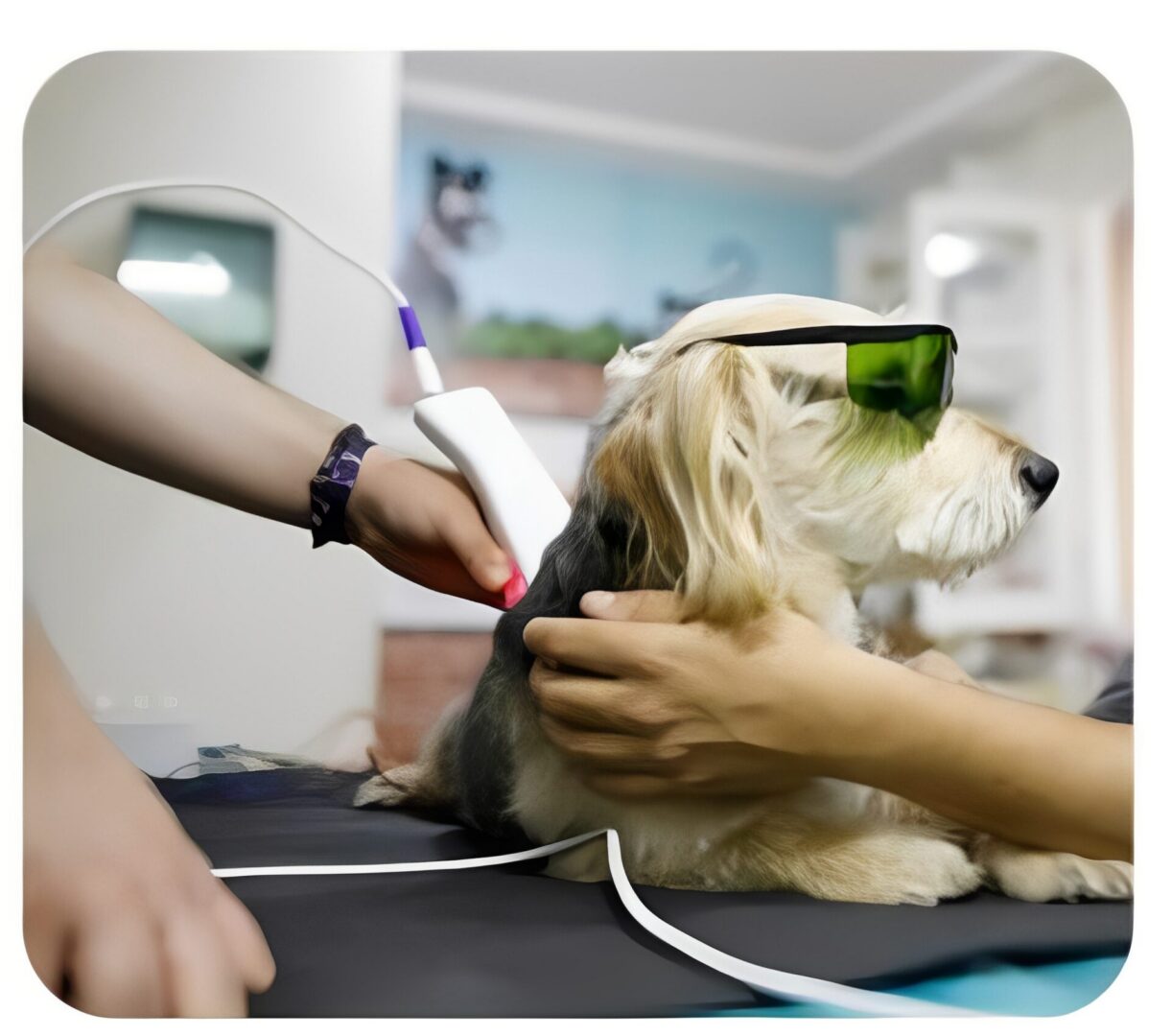 Dog receiving veterinary laser therapy wearing protective goggles