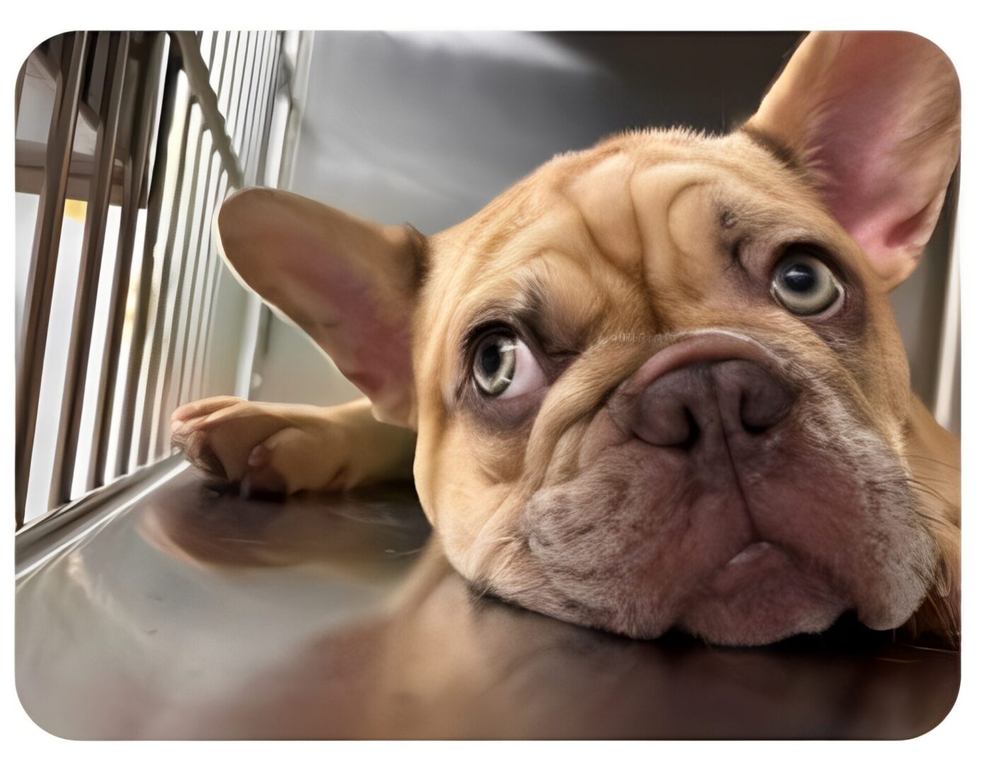 Close-up French bulldog resting by crate